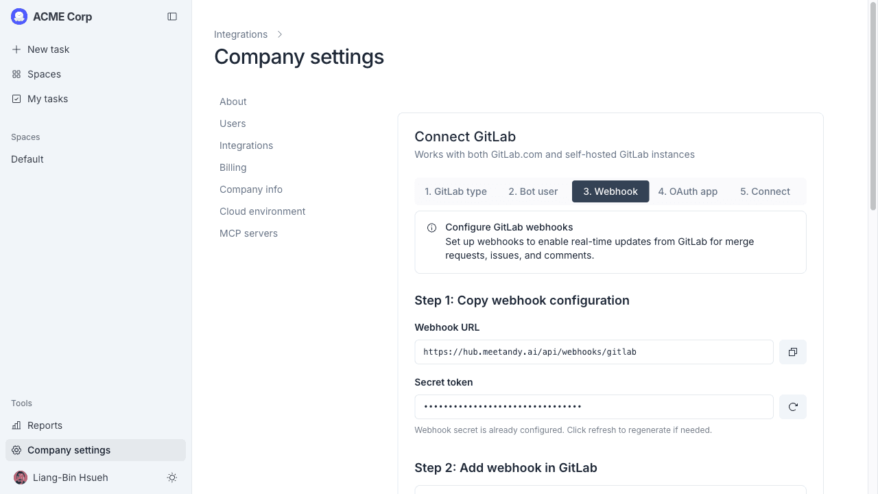 Wizard step 3, showing the webhook URL and secret token