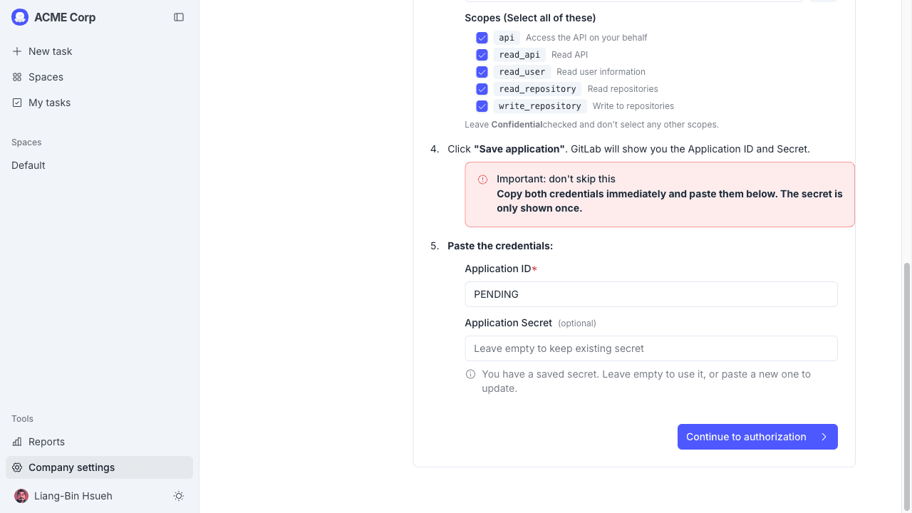 The scopes list and the Application ID / Secret fields to paste into