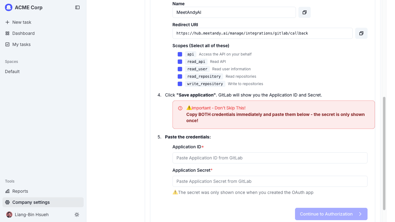 The scopes list and the Application ID / Secret fields to paste into