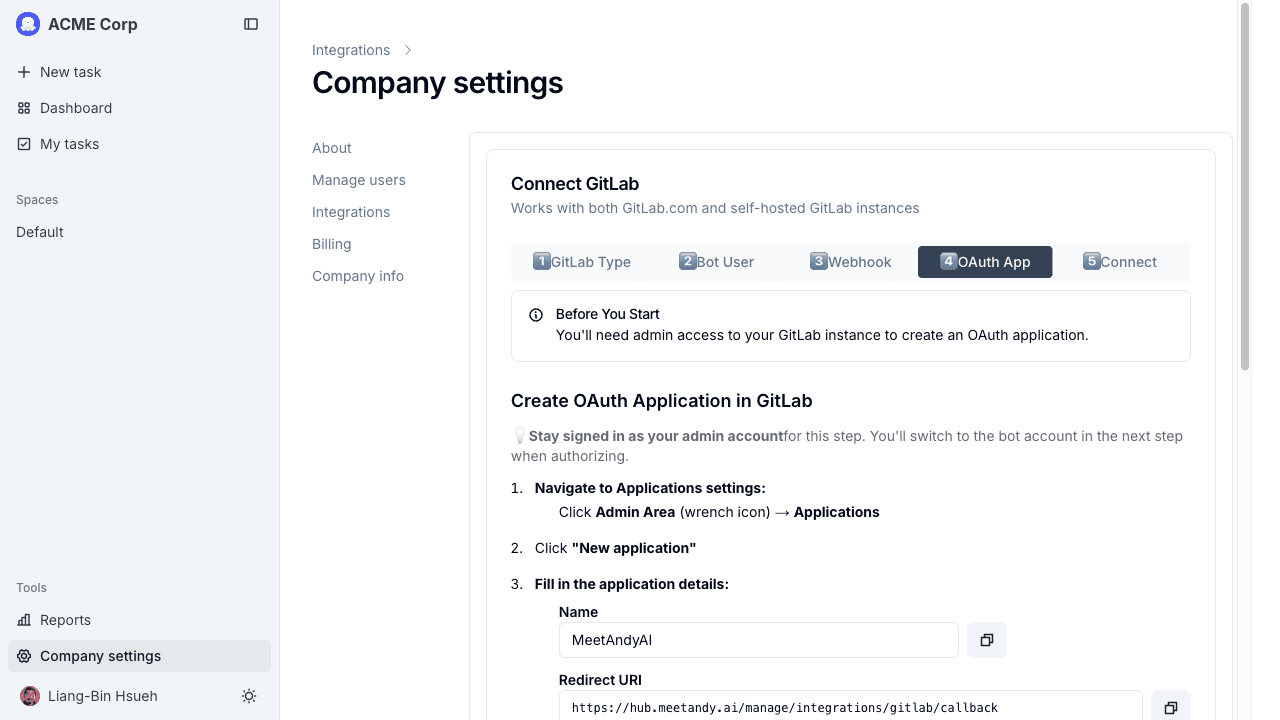 Wizard step 4, with the OAuth application details to copy
