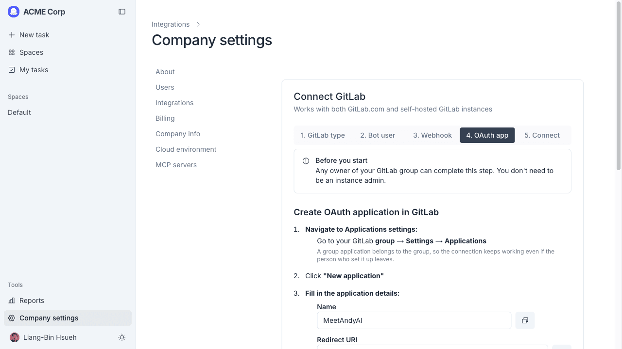 Wizard step 4, with the OAuth application details to copy
