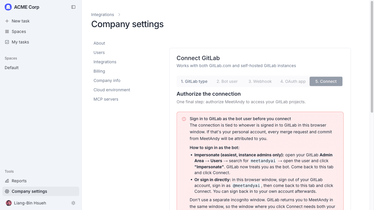 Wizard step 5, with the impersonation warning and Connect to GitLab button