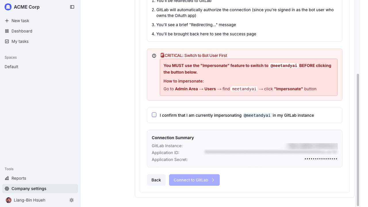 Wizard step 5, with the impersonation warning and Connect to GitLab button